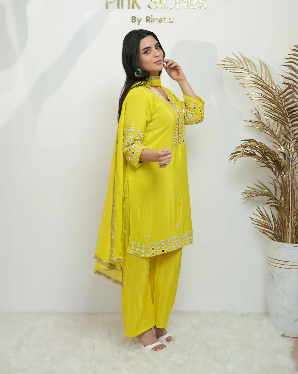 Fluorescent yellow mirror work salwar suit