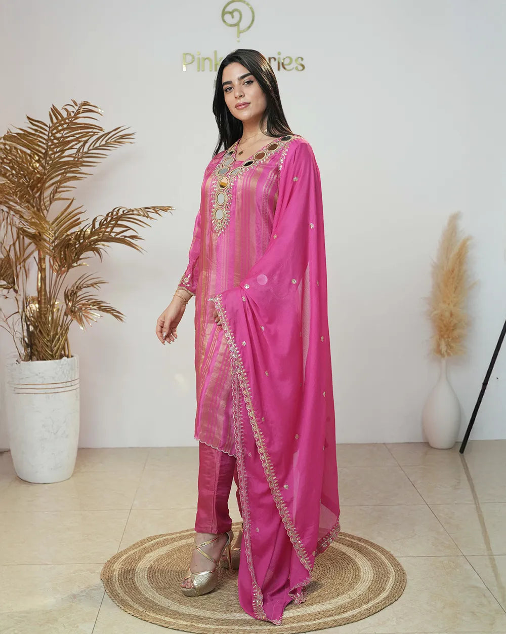 Crepe silk stripe design big mirror worked salwar suit-pink