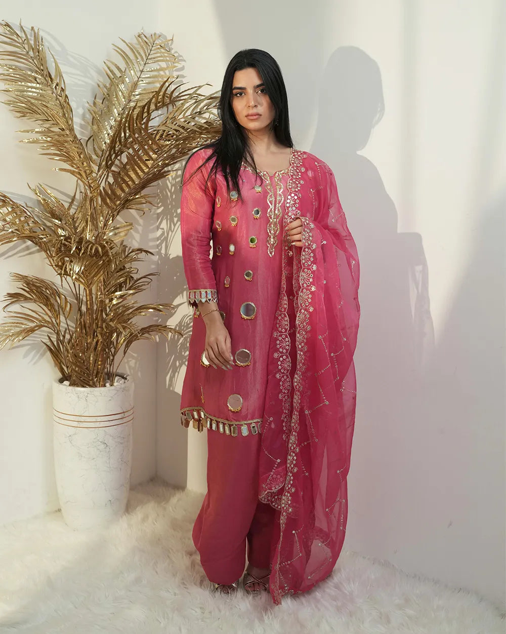 A line short length mirror salwar suit pink