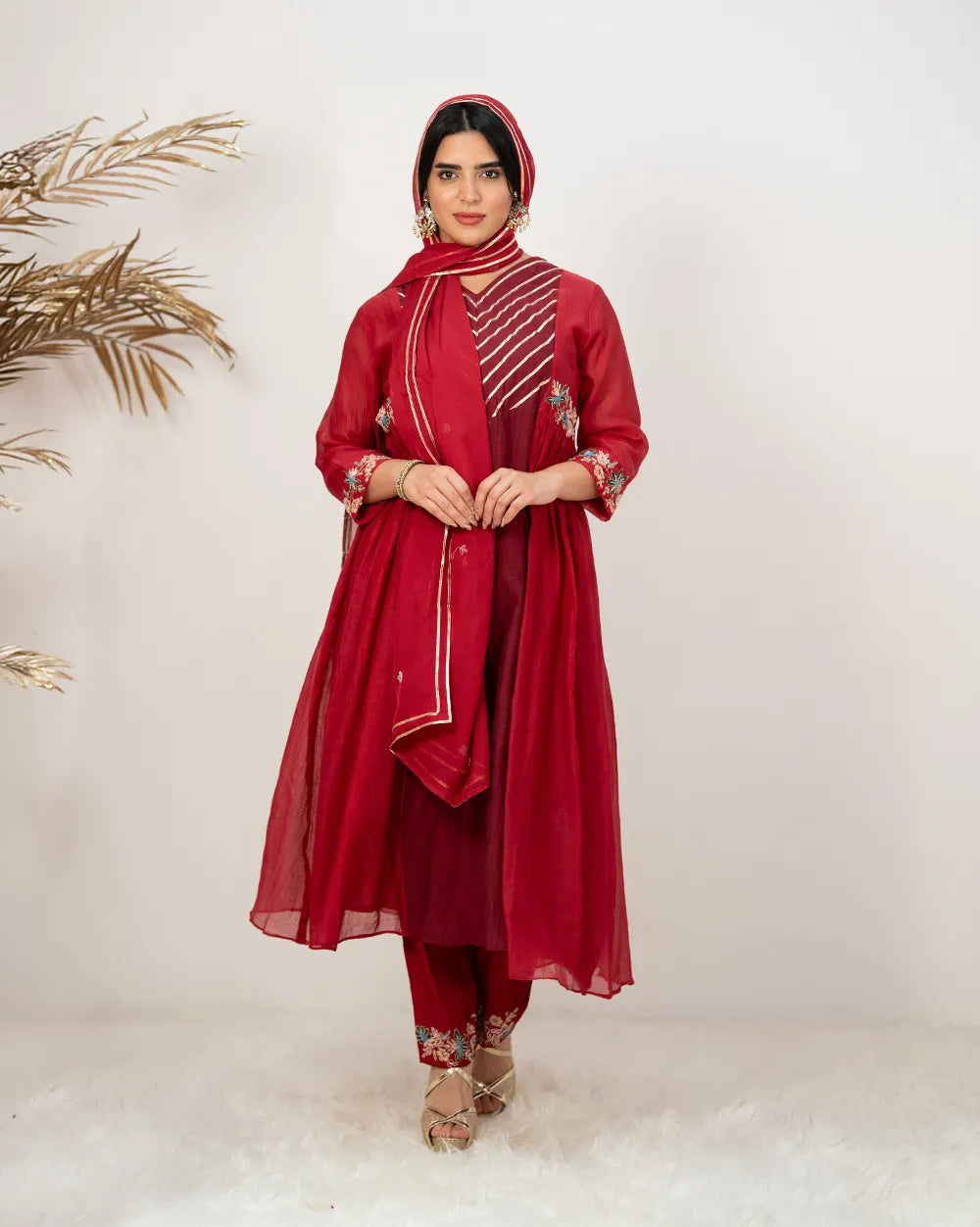 Double shaded panelled and gathered anarkali suit- red