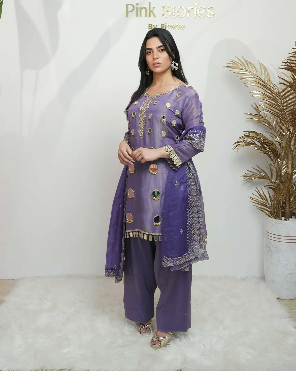 A line short length mirror salwar suit purple