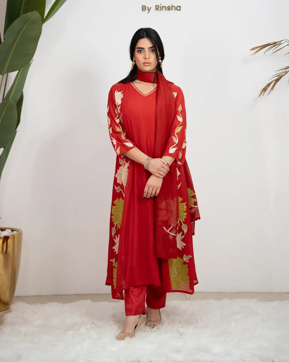 Panaeled A-Line Anarkali Suit – Brick Red
