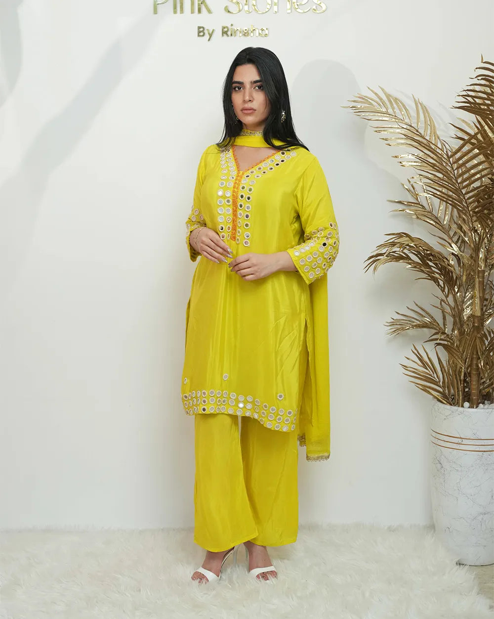 Fluorescent yellow mirror work salwar suit