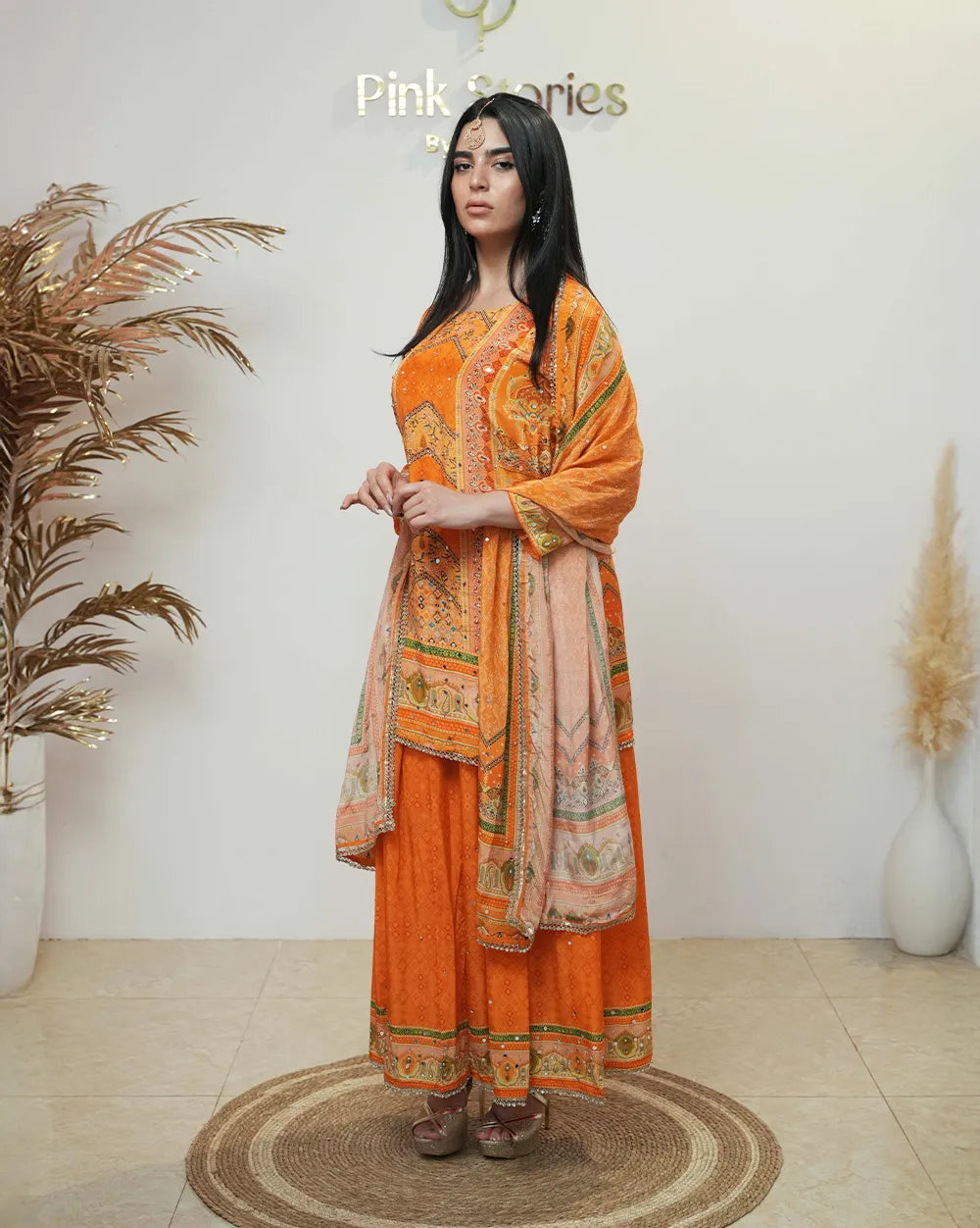 Crepe silk orange mirror work Sharara suit