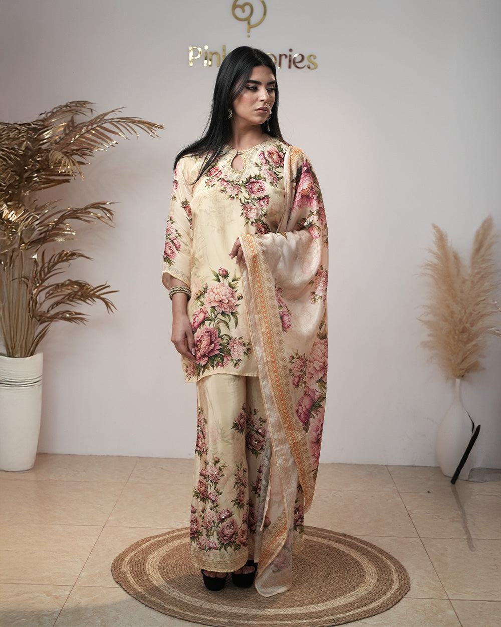 Crepe Silk Short Salwar Suit with Palazzo – Cream