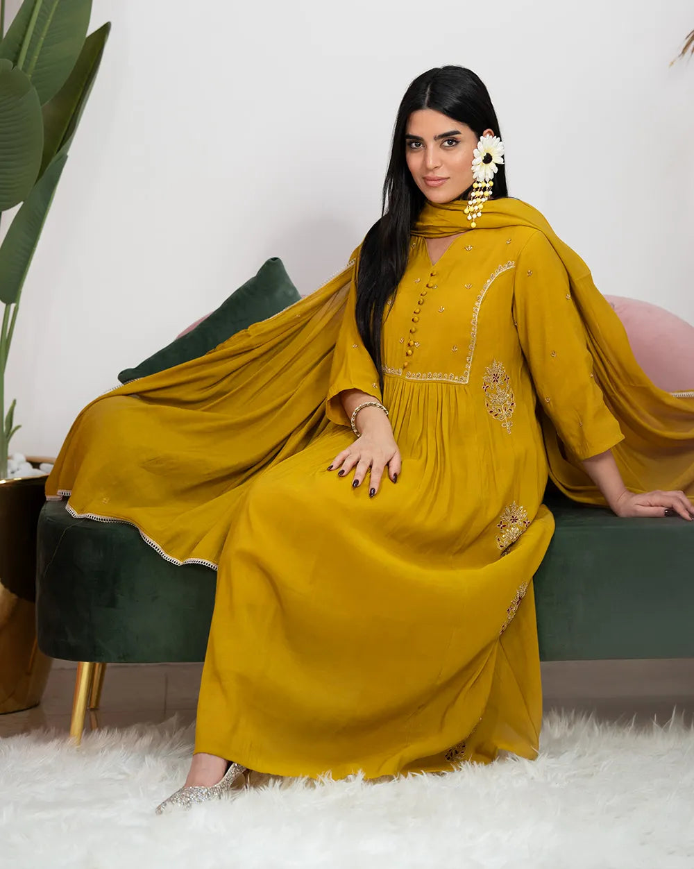Gathered Paneled Anarkali with Handworks – Mustard Yellow