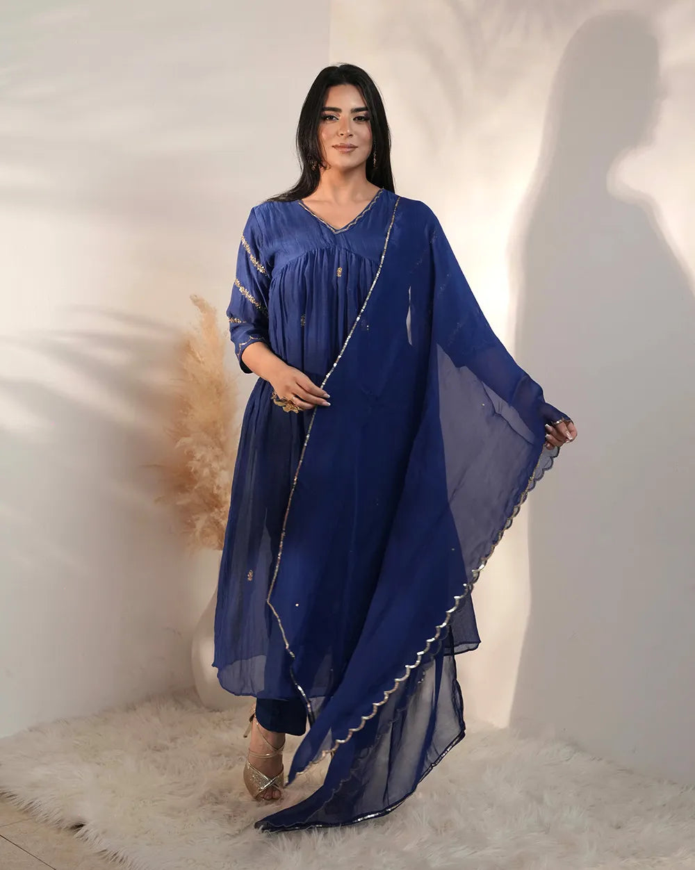 Mul chanderi alia cut anarkali- blue
