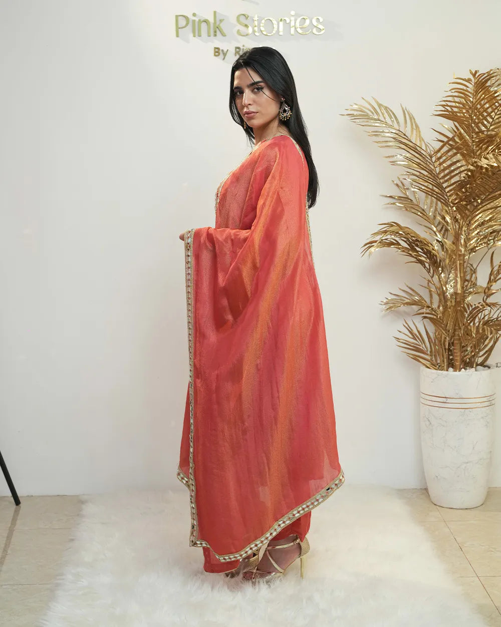 Heavy shimmer tissue mirror salwar suit orange