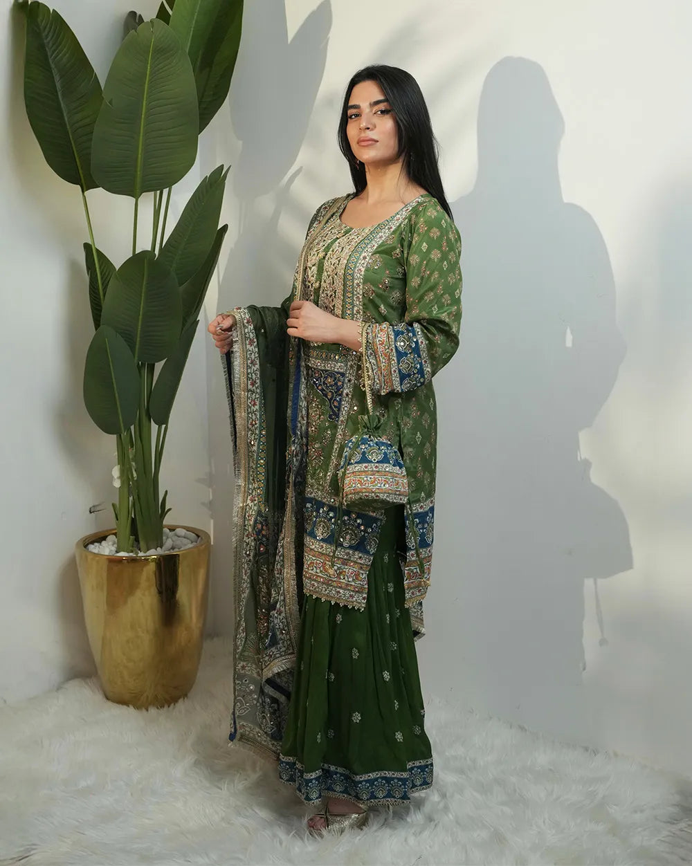 Heavy mirror work sharara suit - green