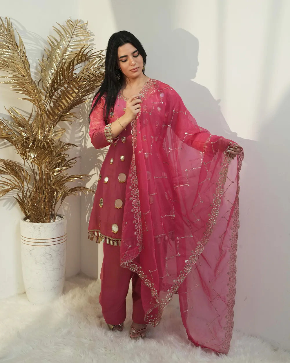 A line short length mirror salwar suit pink