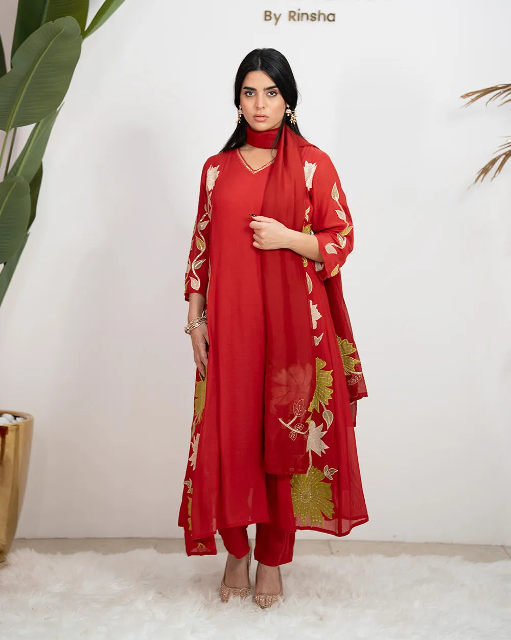 Panaeled A-Line Anarkali Suit – Brick Red