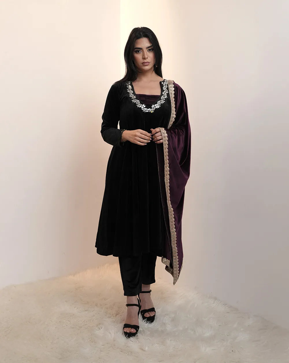 Premium velvet panel cut anarkali with contrast dupatta- black
