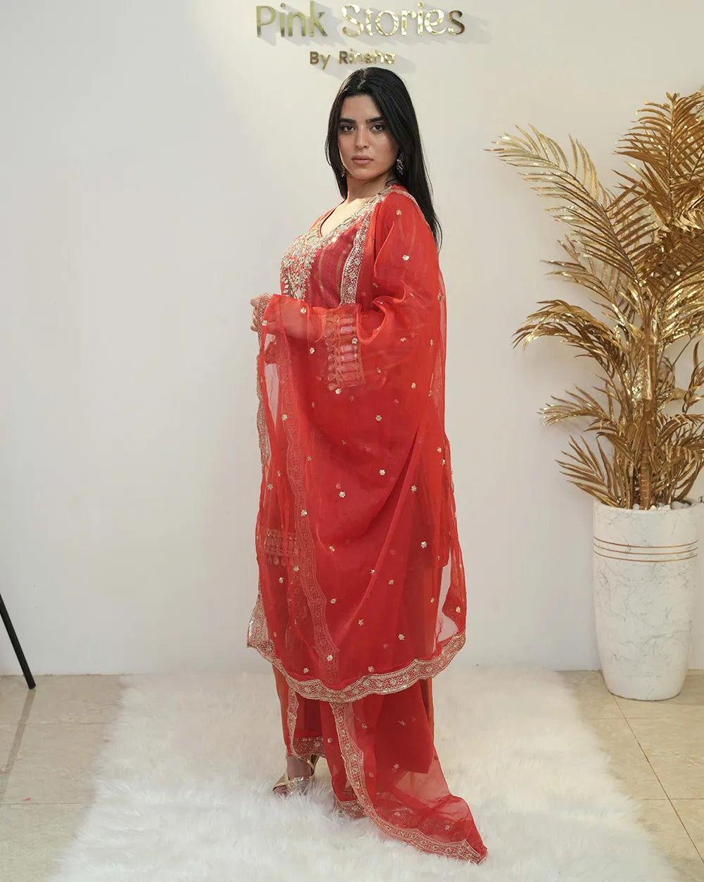 Crepe silk stripe design mirror worked salwar suit-red