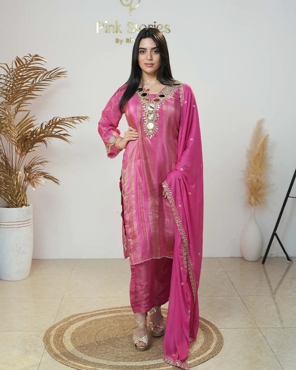 Crepe silk stripe design big mirror worked salwar suit-pink