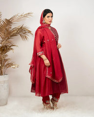 Double shaded panelled and gathered anarkali suit- red