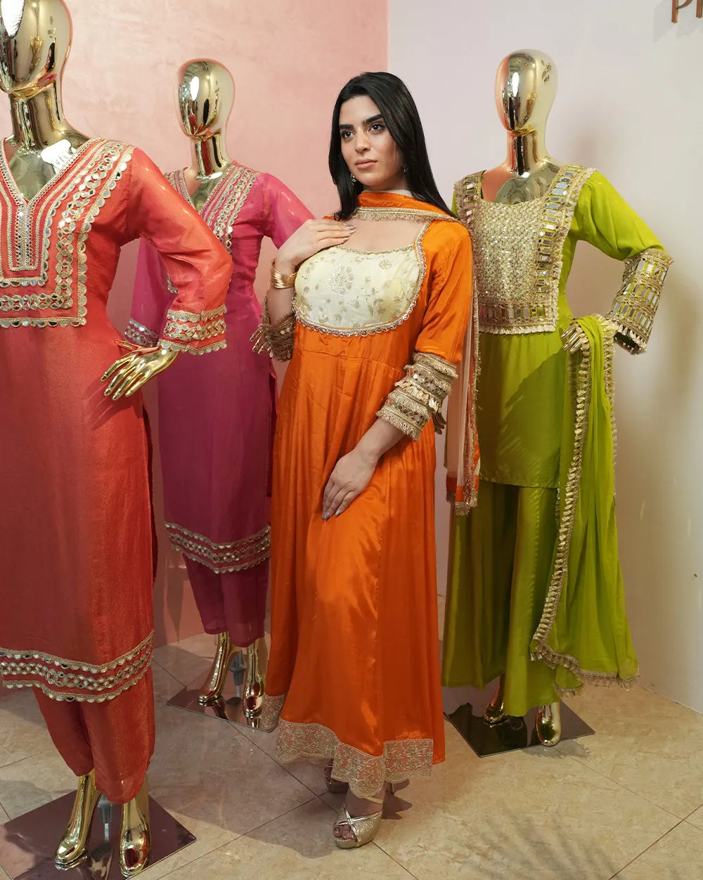 Crepe silk anarkali with contrast yoke - fanta shade