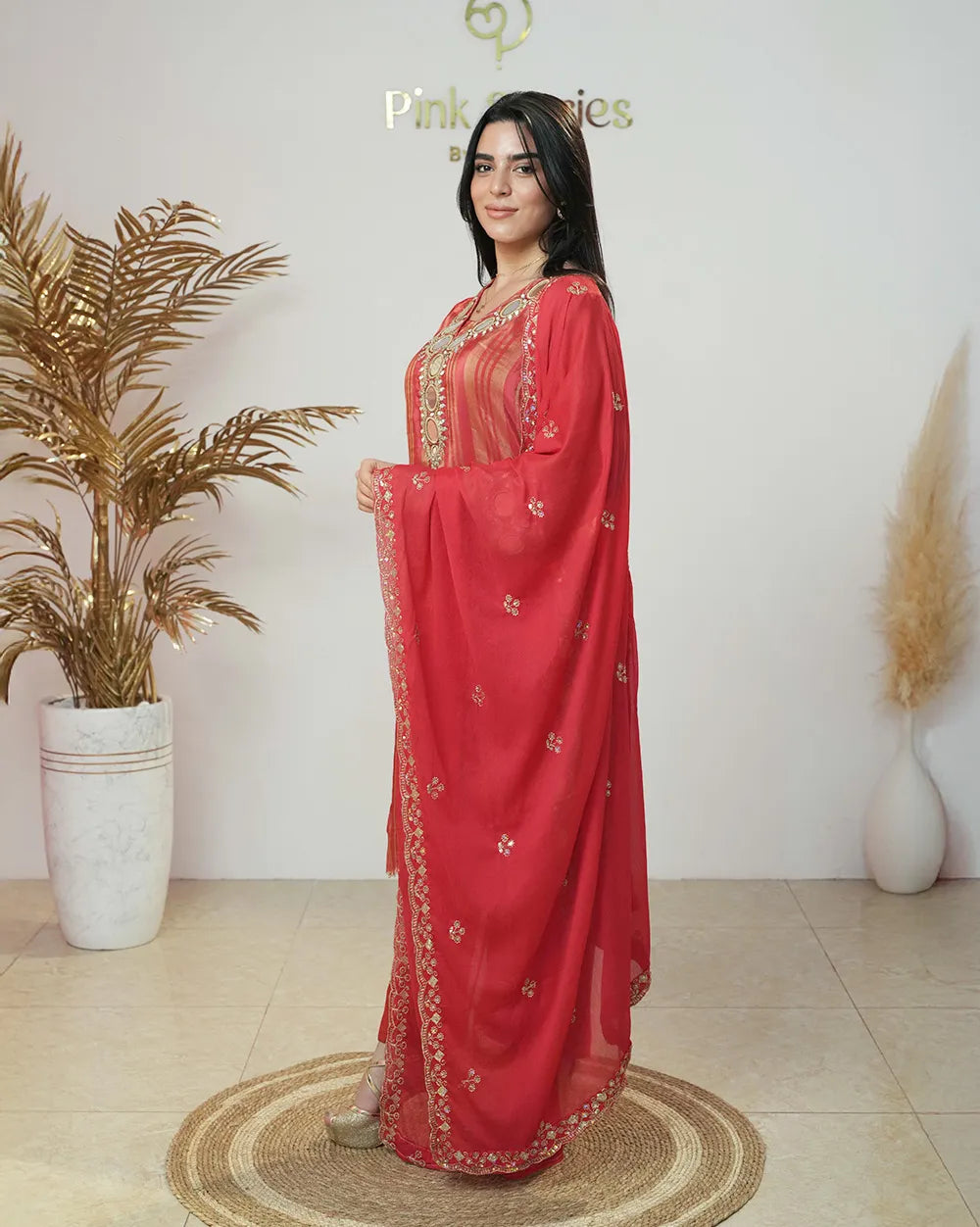 Crepe silk stripe design big mirror worked salwar suit-red