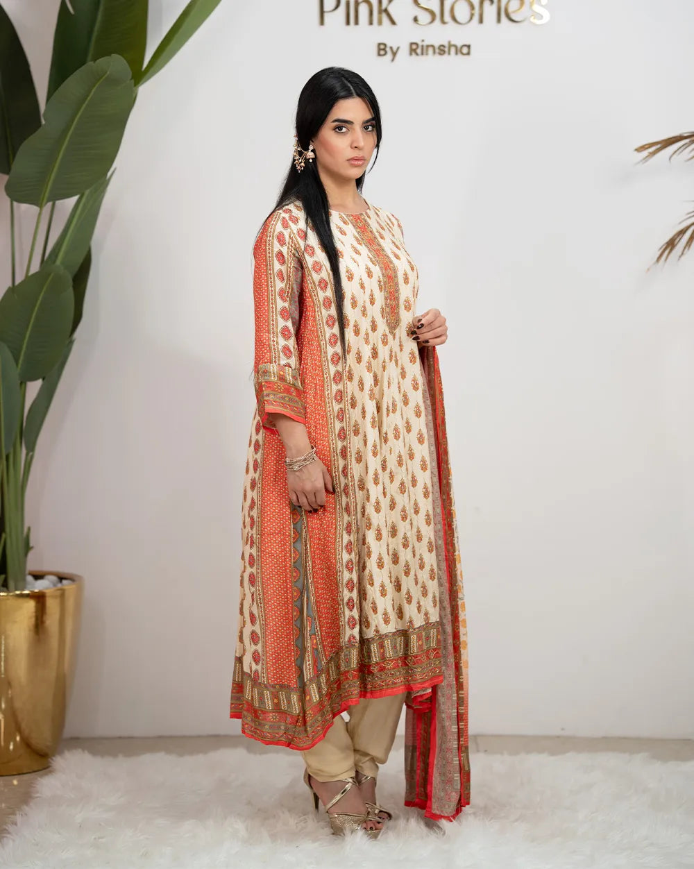 Muslin Silk Printed Panel Cut Anarkali - Cream Shade