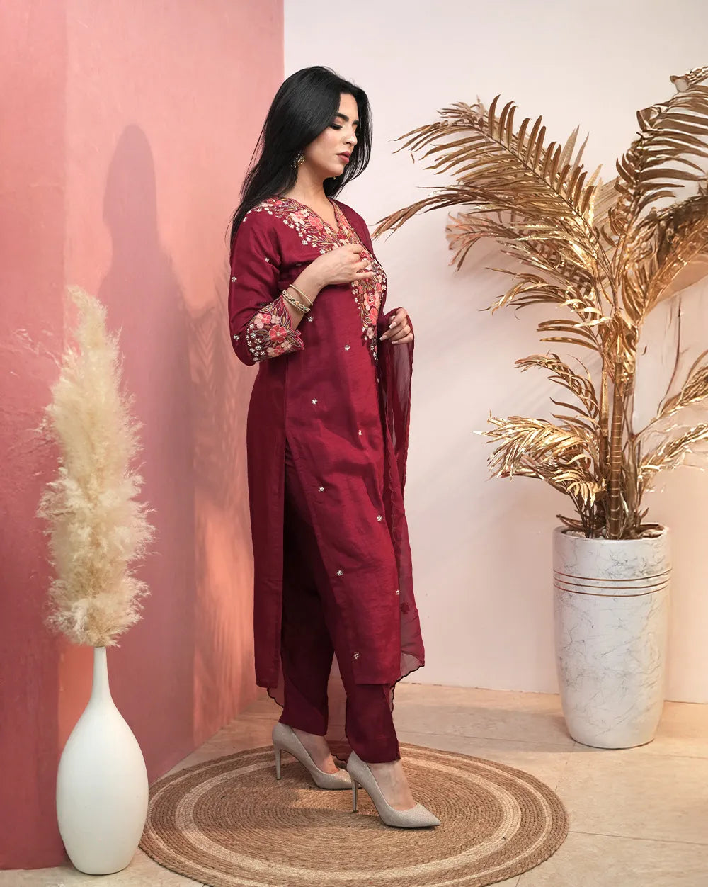 Dola silk embroidered salwar suit- wine maroon