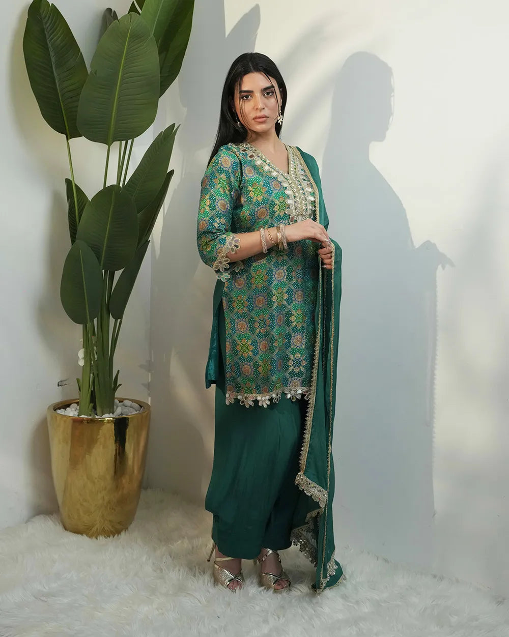 Peacock shade brocade mirror worked salwar suit