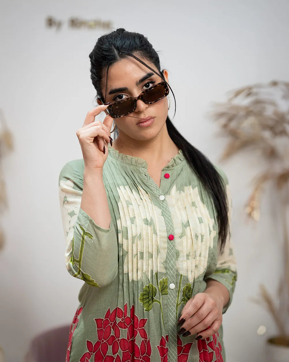 Printed Mul Cotton Co-Ord Set with Knife Pleats – Pale Green