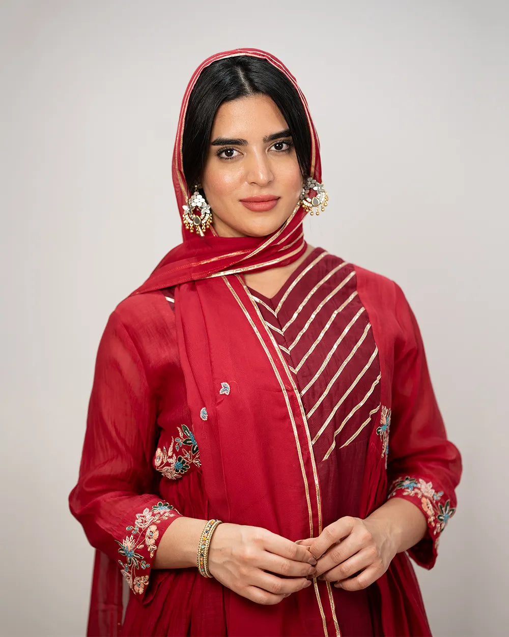 Double shaded panelled and gathered anarkali suit- red