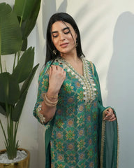 Peacock shade brocade mirror worked salwar suit