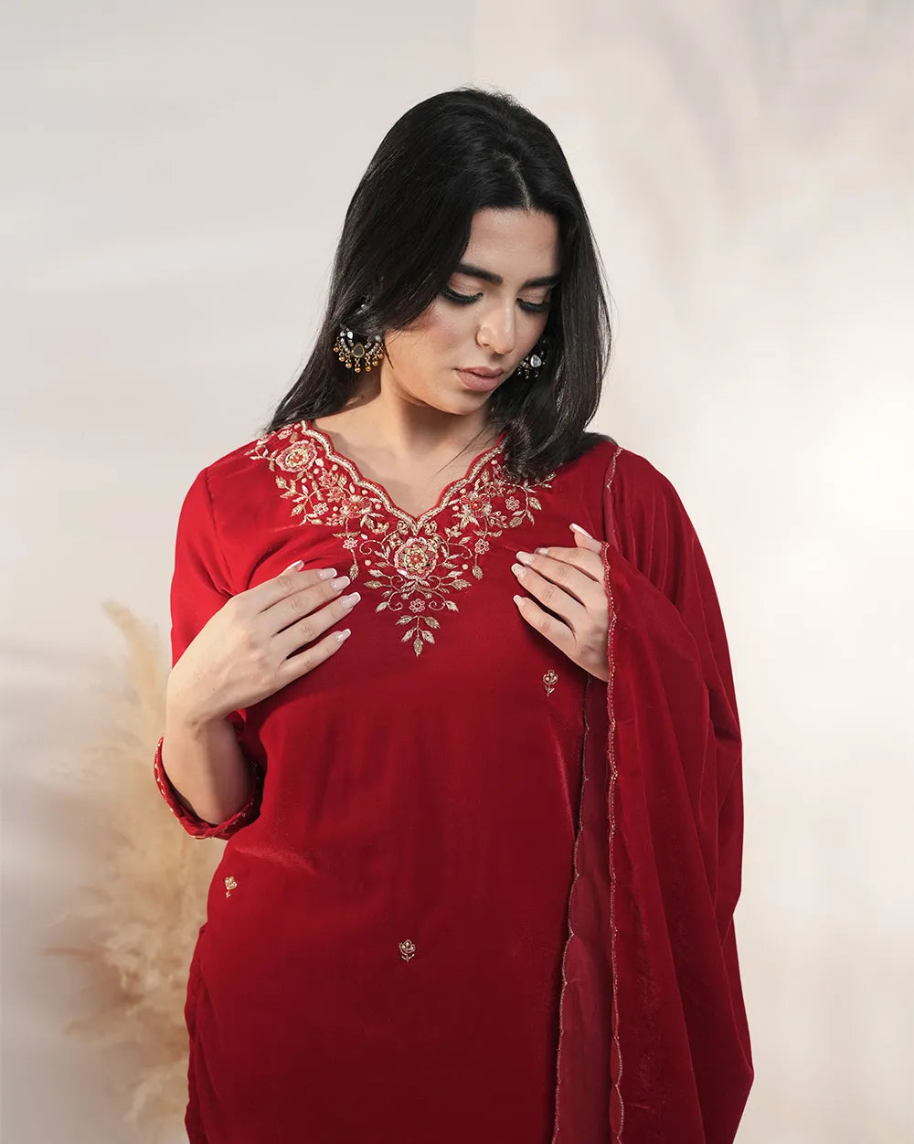 Handworked velvet salwar suit- red