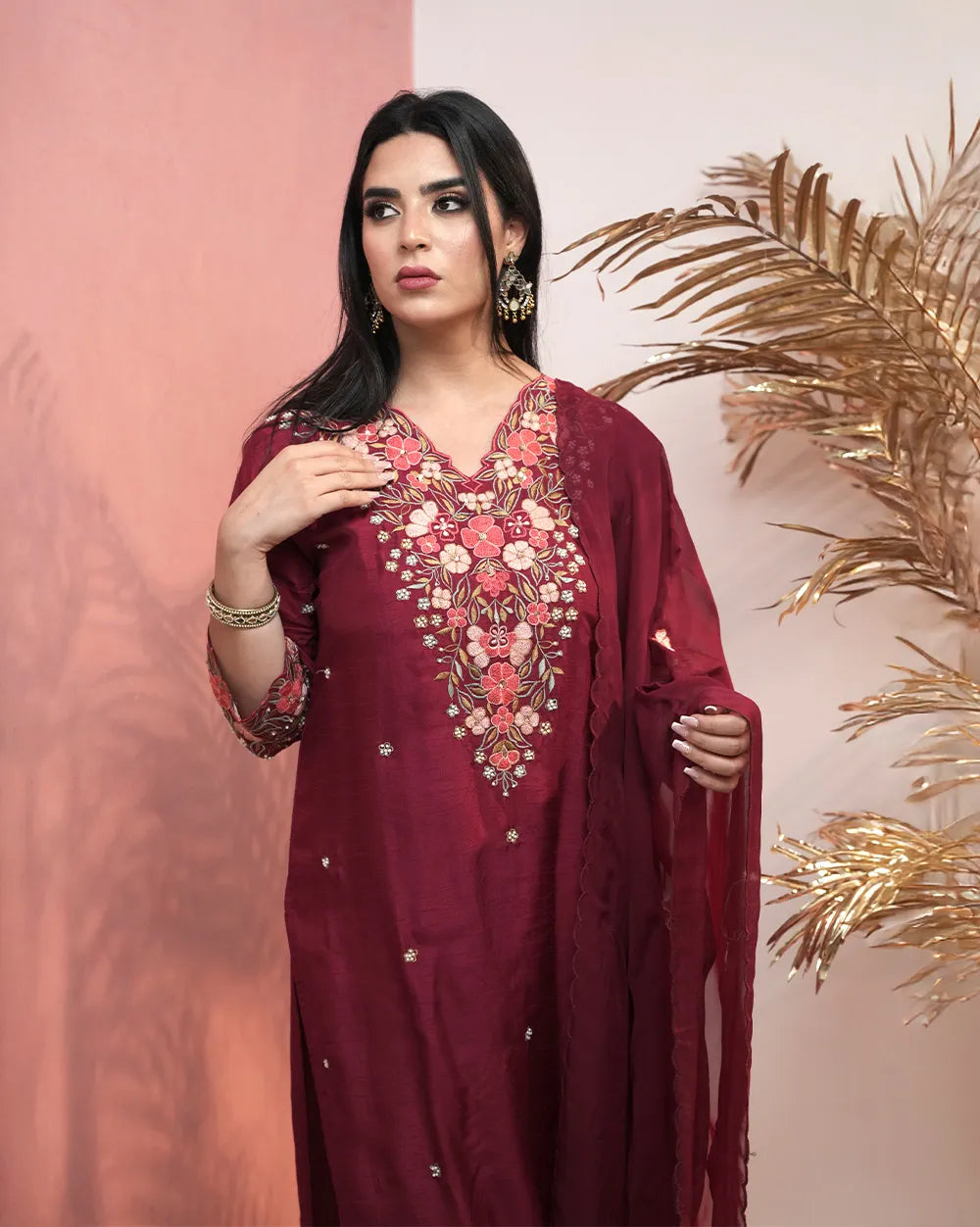 Dola silk embroidered salwar suit- wine maroon