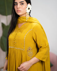 Gathered Paneled Anarkali with Handworks – Mustard Yellow