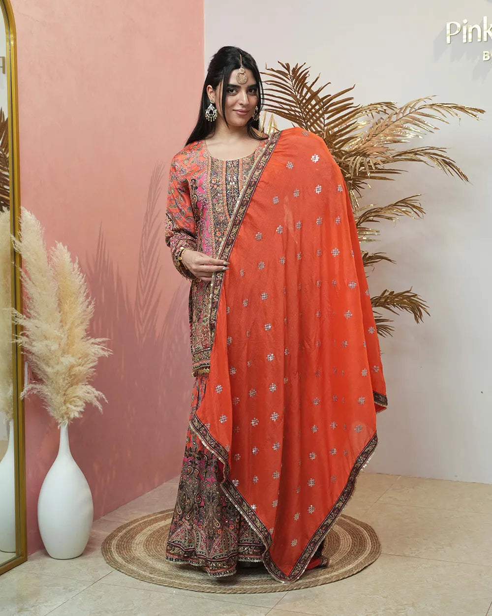 Double shaded heavy worked sharara suit - orange and pink