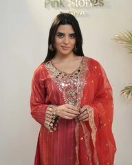 Crepe silk stripe design mirror worked salwar suit-red