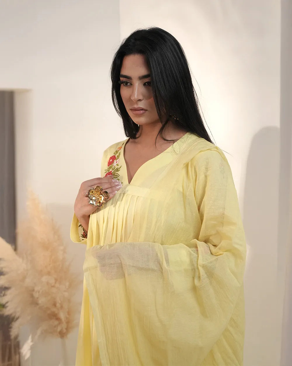 Embroidered 3Pc semi anarkali- pastel yellow