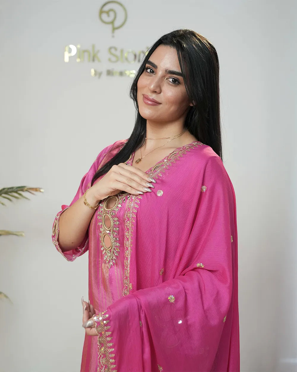 Crepe silk stripe design big mirror worked salwar suit-pink