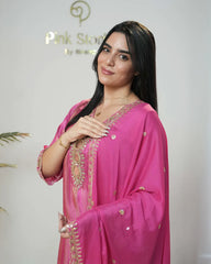 Crepe silk stripe design big mirror worked salwar suit-pink
