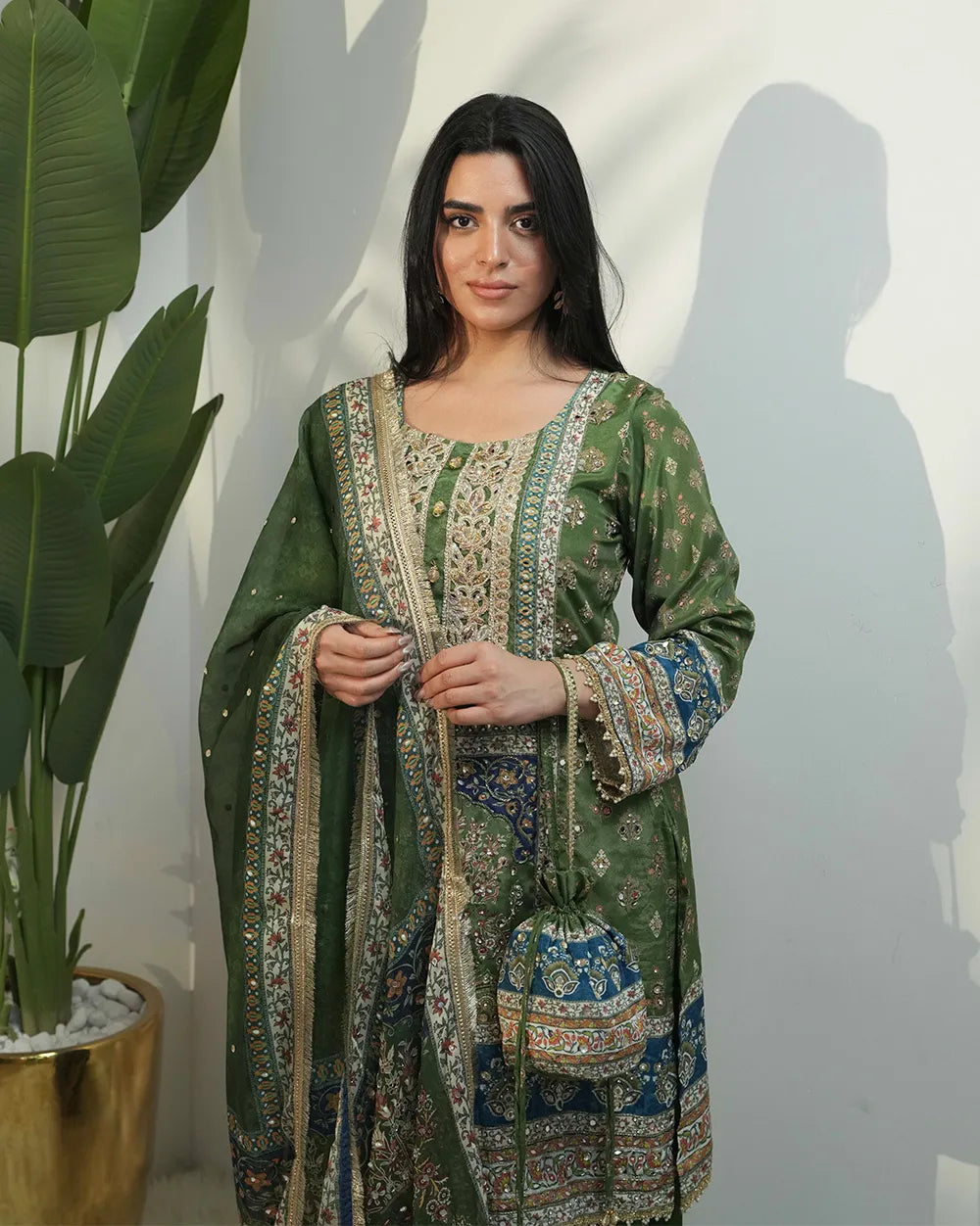 Heavy mirror work sharara suit - green