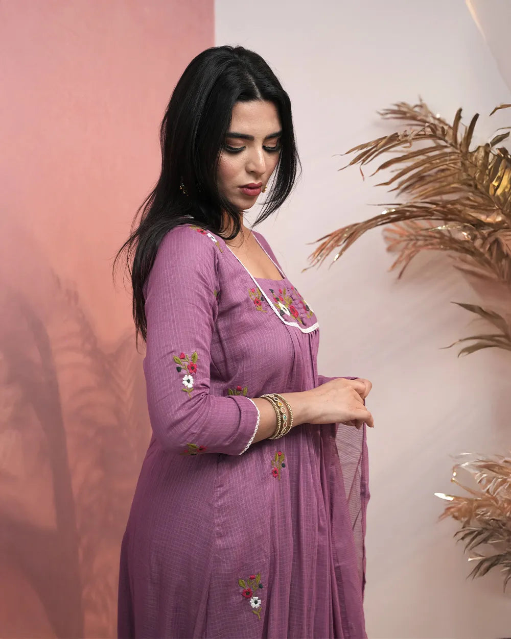 Square neck kota embroidered semi anarkali suit- lilac