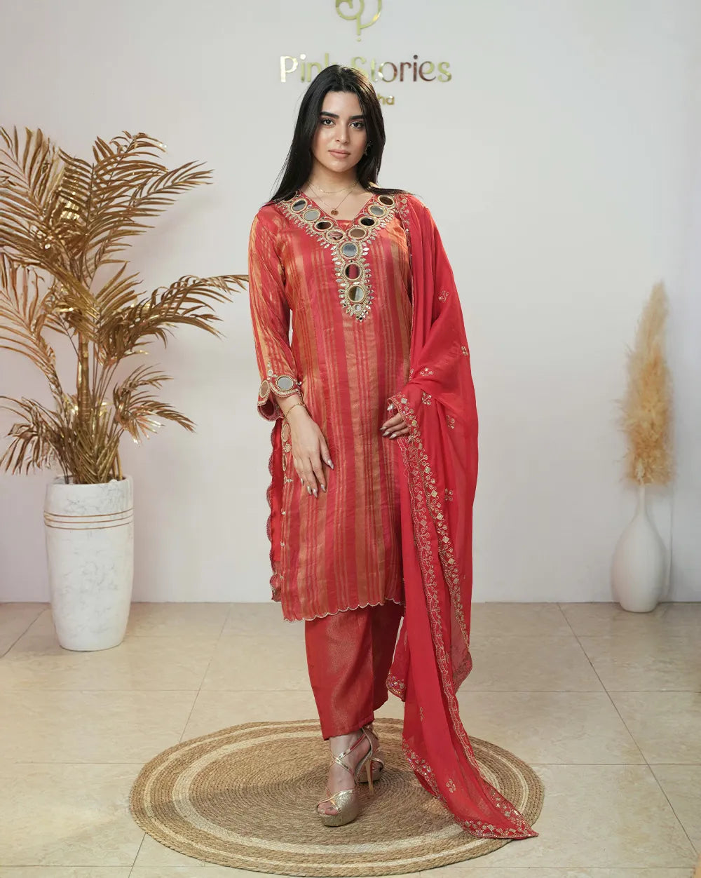 Crepe silk stripe design big mirror worked salwar suit-red