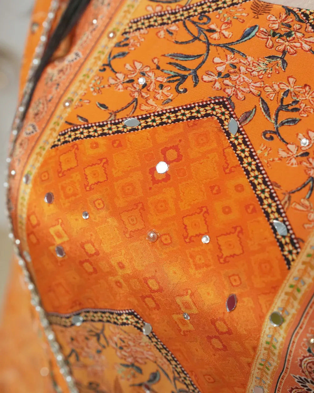 Crepe silk orange mirror work Sharara suit