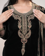 Premium Velvet Heavy Zari Embroidered Salwar Suit – Black
