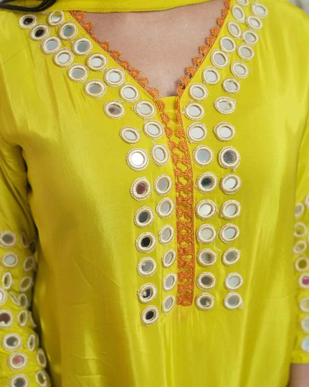 Fluorescent yellow mirror work salwar suit