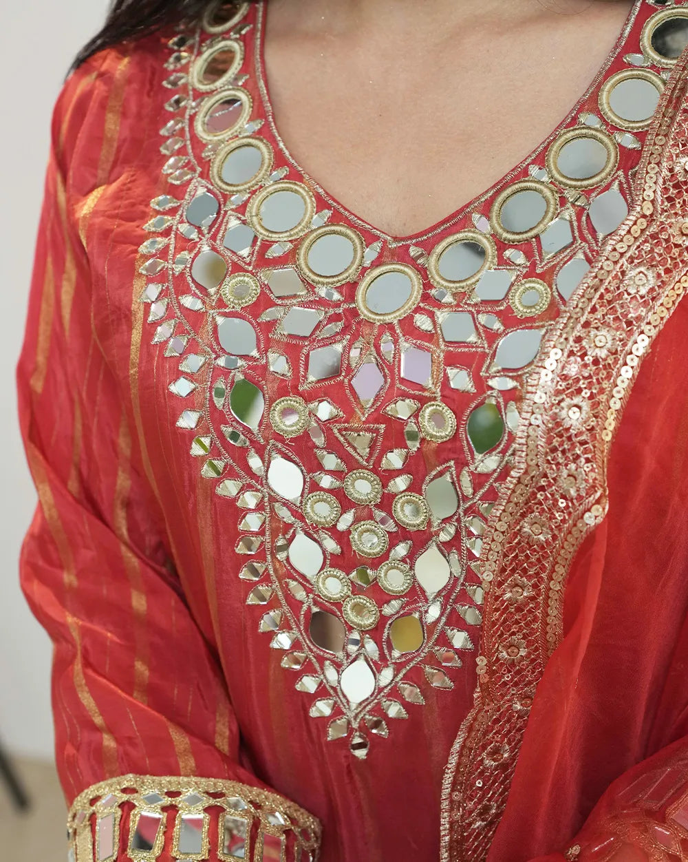 Crepe silk stripe design mirror worked salwar suit-red