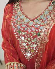 Crepe silk stripe design mirror worked salwar suit-red