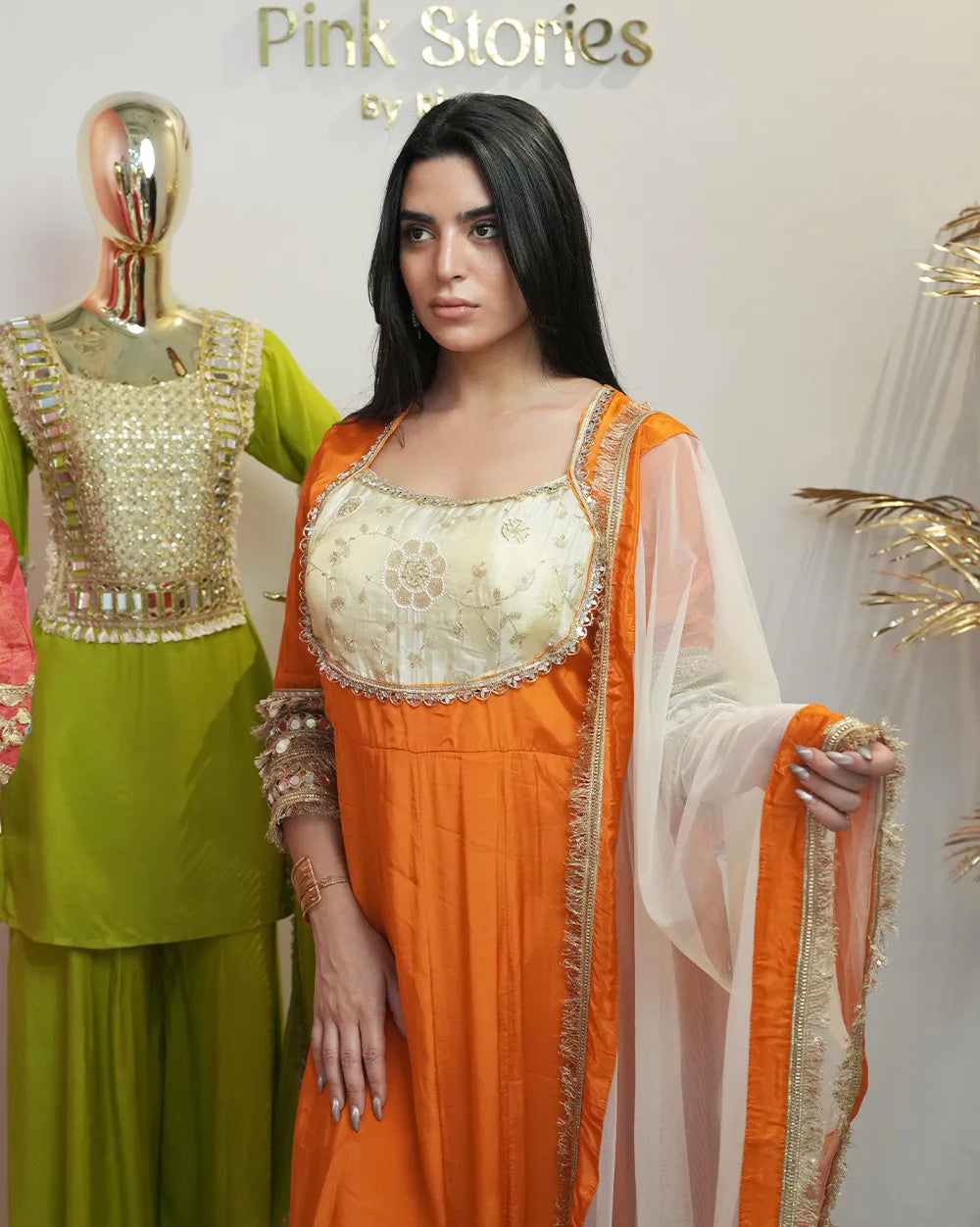 Crepe silk anarkali with contrast yoke - fanta shade