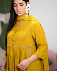 Gathered Paneled Anarkali with Handworks – Mustard Yellow