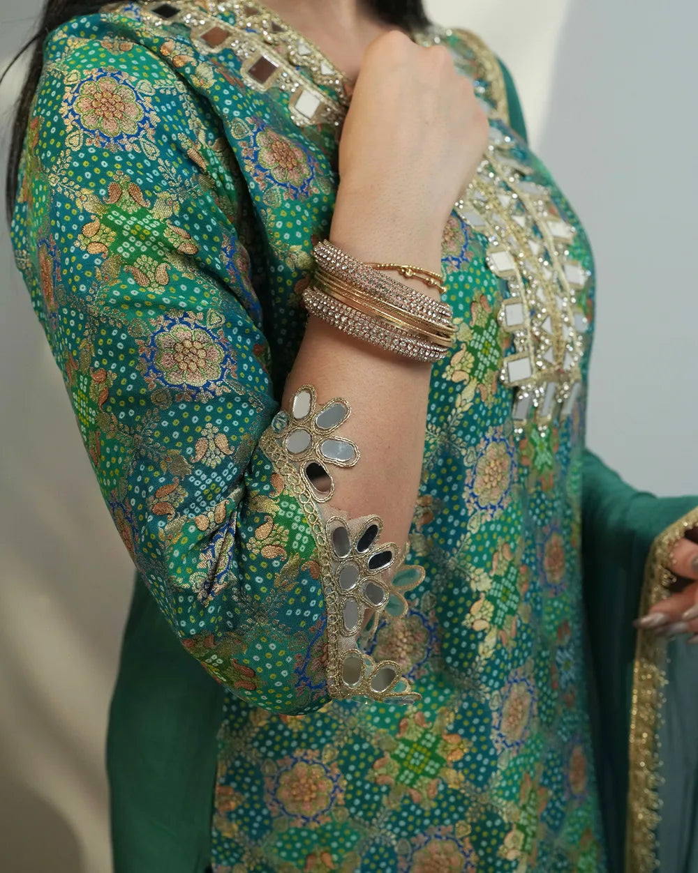Peacock shade brocade mirror worked salwar suit