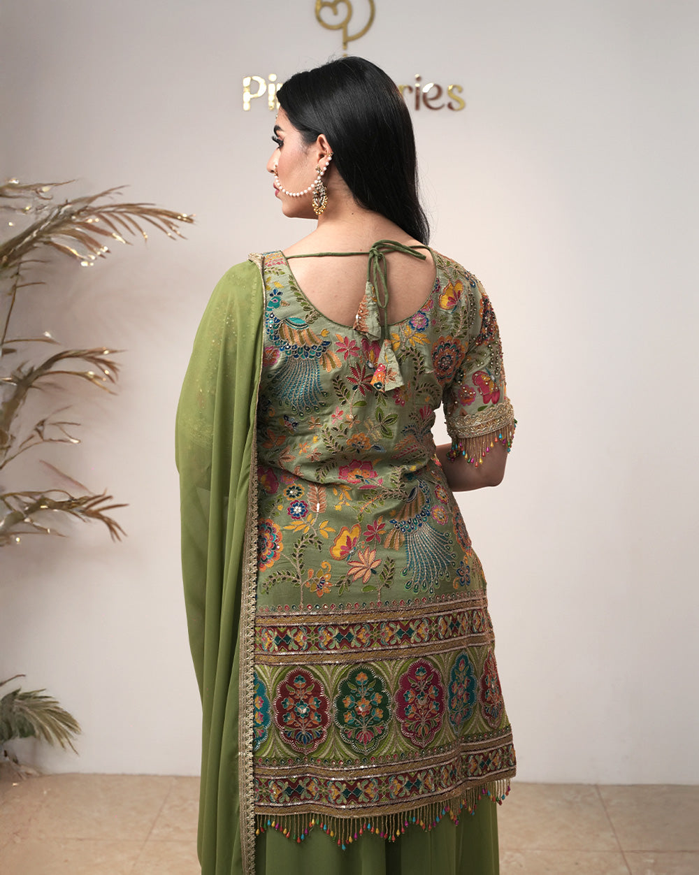Half sleeve party wear designer sharara suit-olive green
