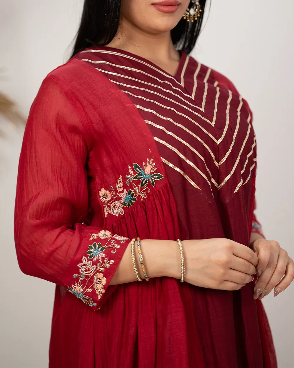 Double shaded panelled and gathered anarkali suit- red