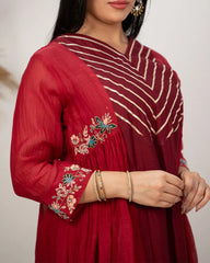 Double shaded panelled and gathered anarkali suit- red