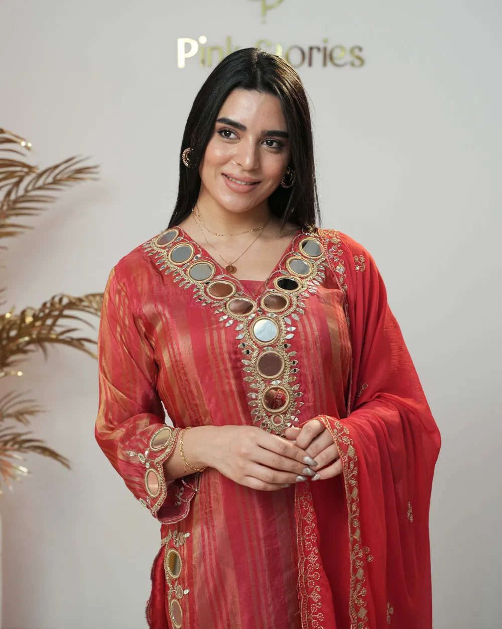 Crepe silk stripe design big mirror worked salwar suit-red